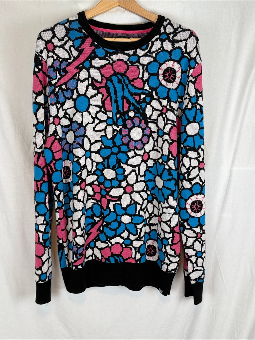Men's A.Lab Crewbie Blue and Pink Flower Eyeball Sweater Long Sleeves NWT